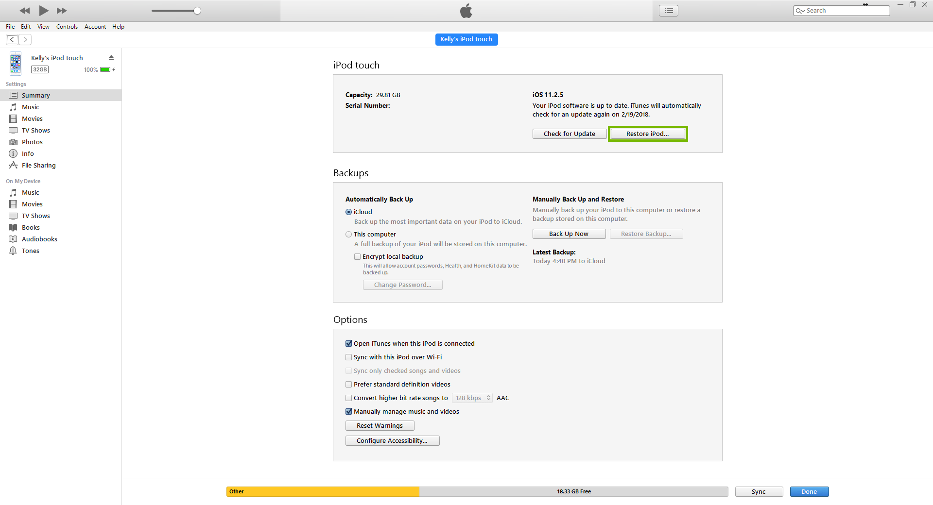 Restore screen with Restore button selected. Screenshot.