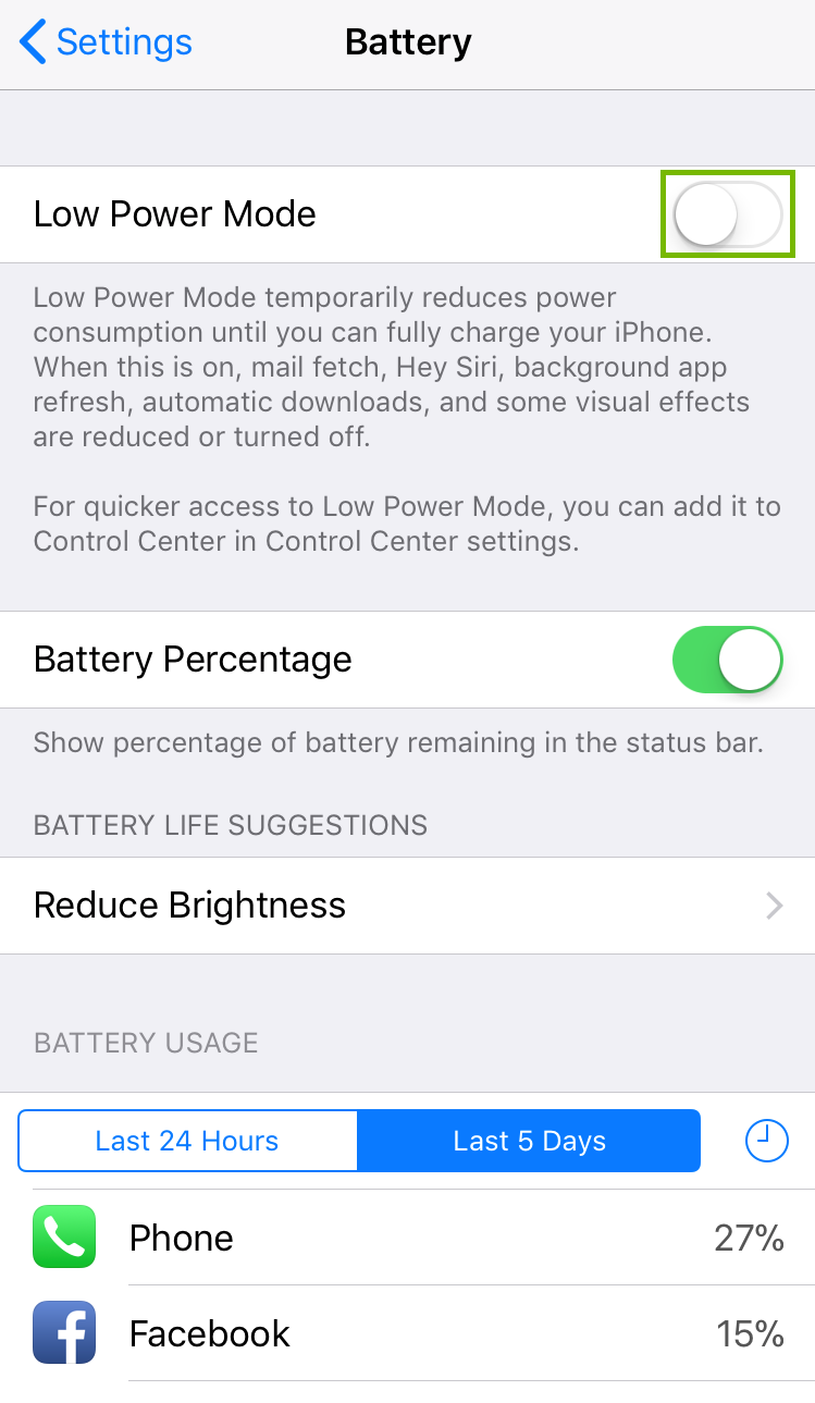 Battery settings with Low Power Mode button toggled. Screenshot.