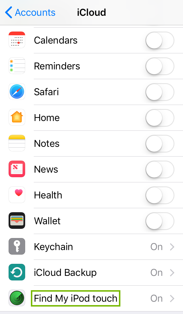 iCloud accounts settings with Find My device selecteed. Screenshot.