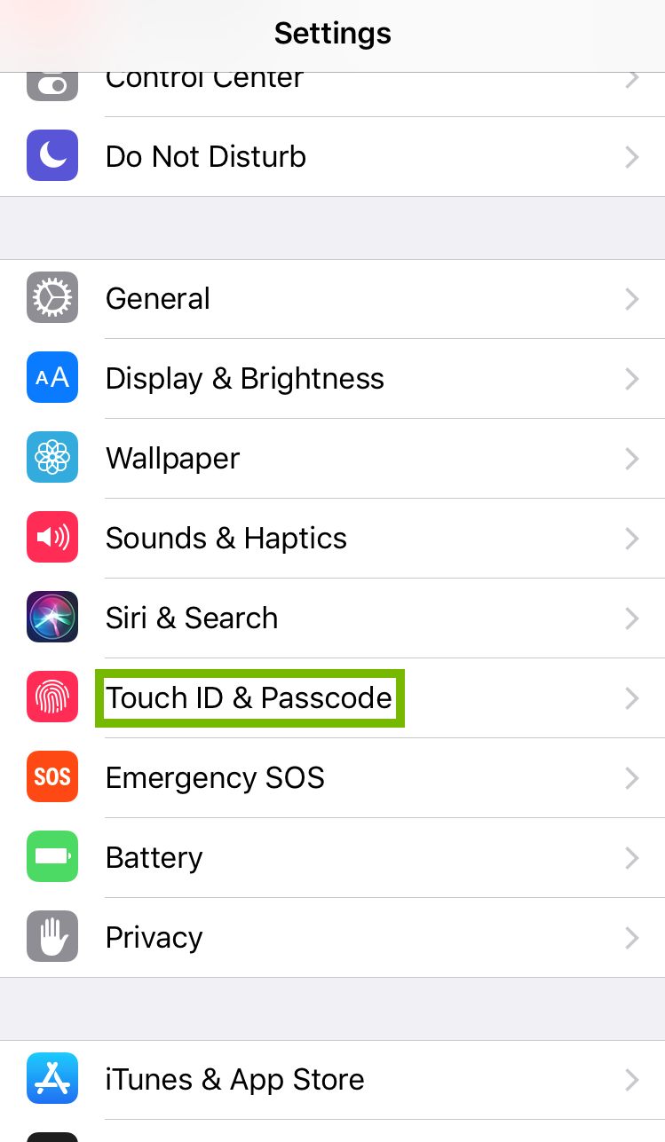 Settings with Touch ID and Passcode selected. Screenshot.