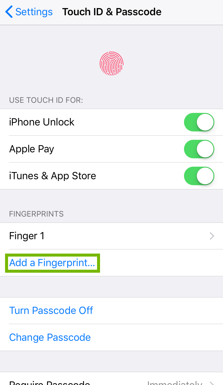 Touch ID and Passcode settings with Add a Fingerprint selected.