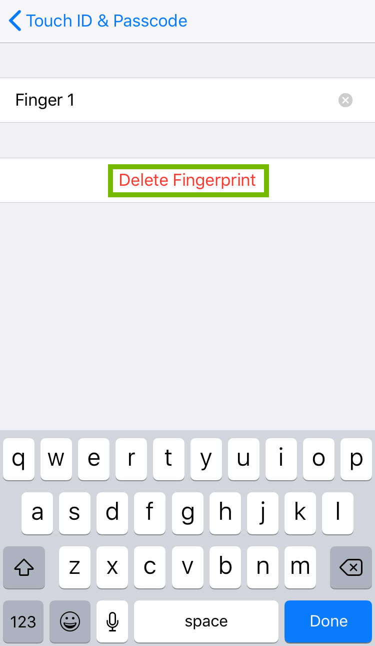 Fingerprint settings with Delete Fingerprint selected. Screenshot.