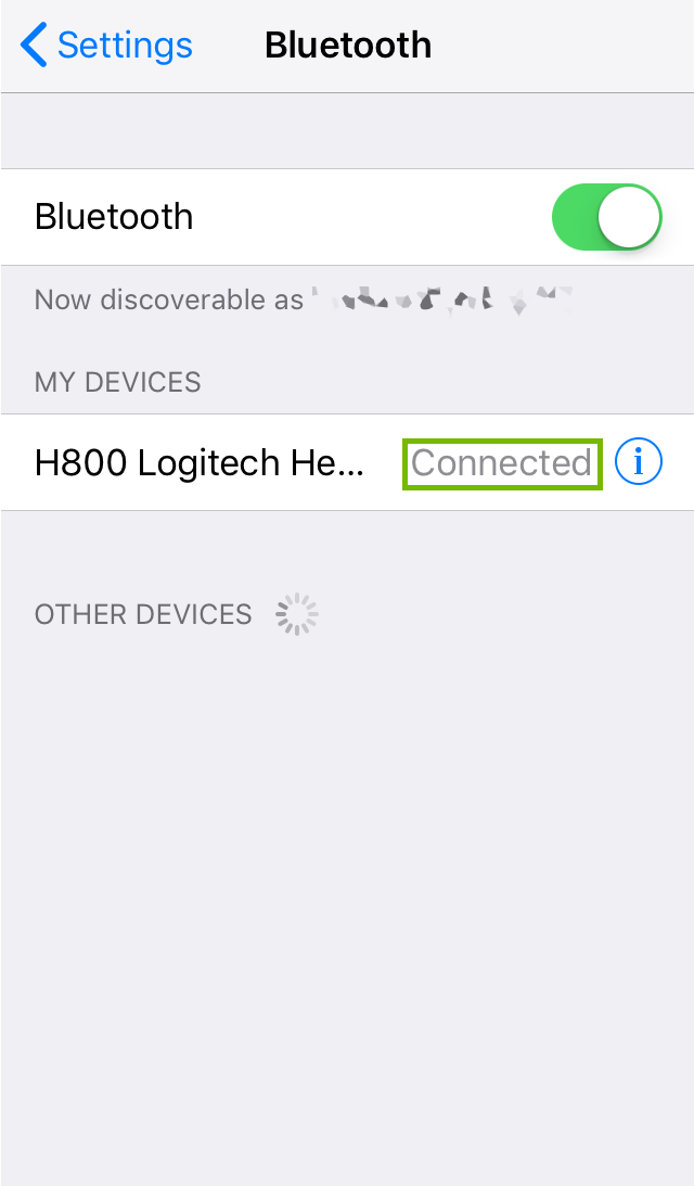 iOS Bluetooth menu highlighting a connected Bluetooth device.
