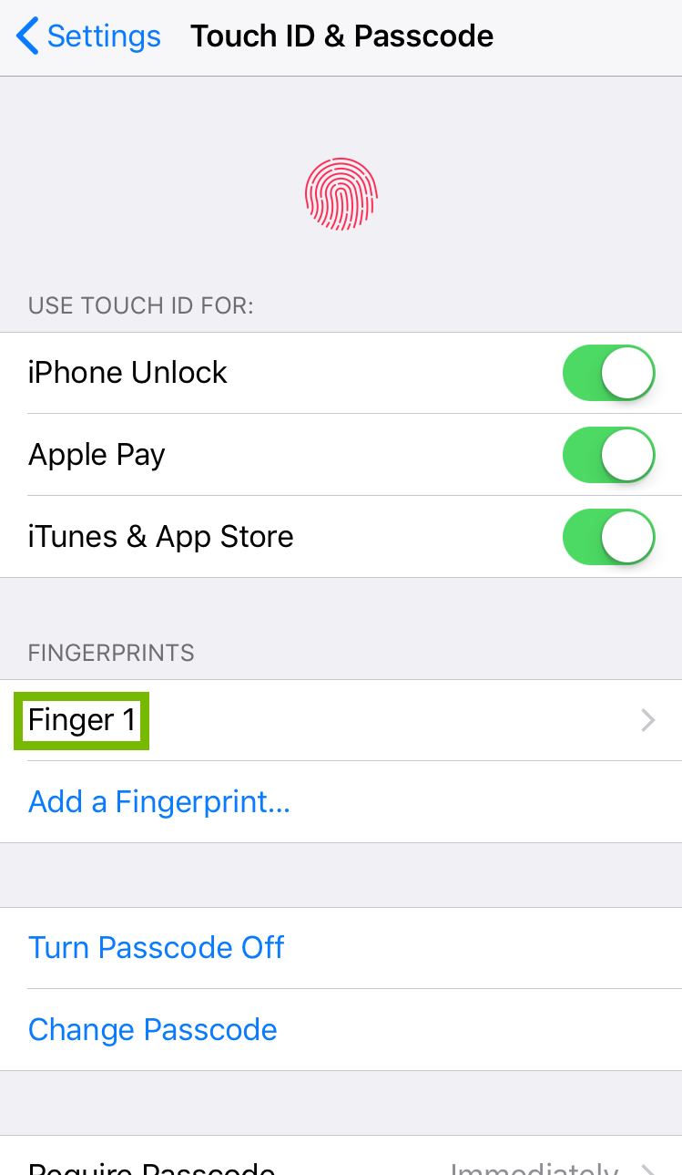 Touch ID and Passcode settings with example fingerprint selected. Screenshot.