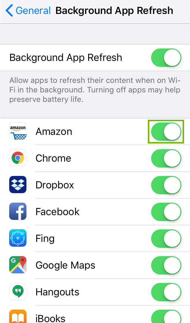 Background App Refresh settings with On Off toggle. Screenshot.