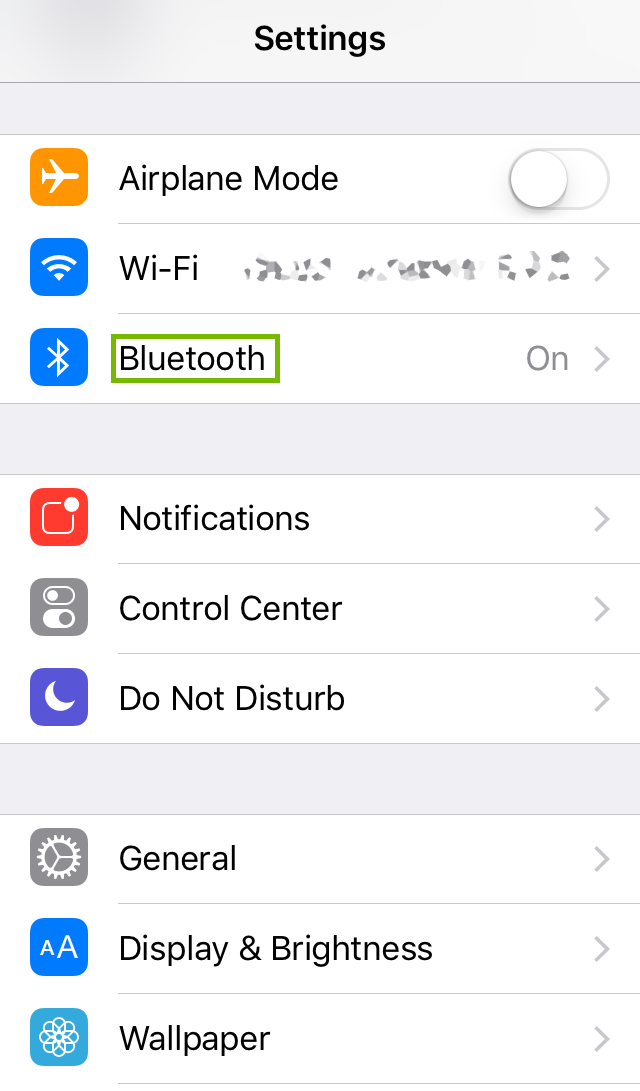 iOS Settings menu highlighting Bluetooth.