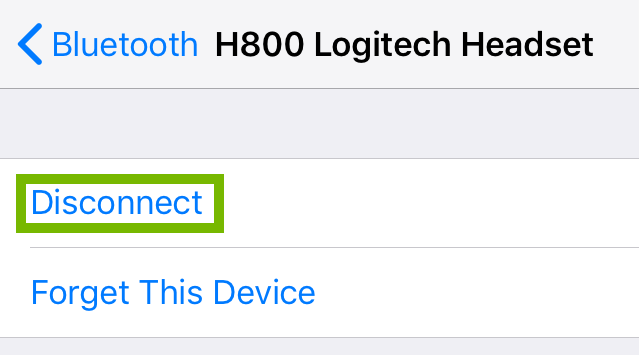 iOS Bluetooth device menu highlighting the disconnect option.