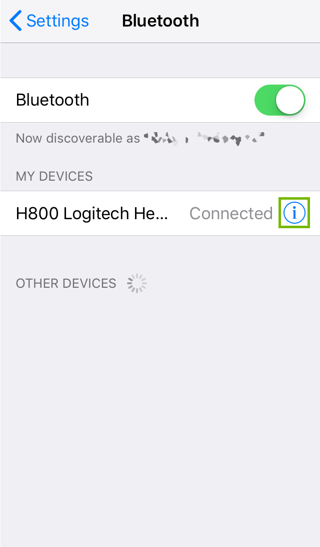 iOS Bluetooth menu highlighting the informational I icon.