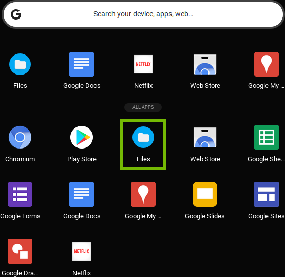 All apps with Files highlighted.
