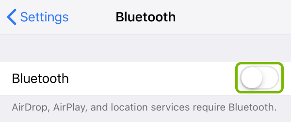 Bluetooth toggle switch highlighted in iOS settings.