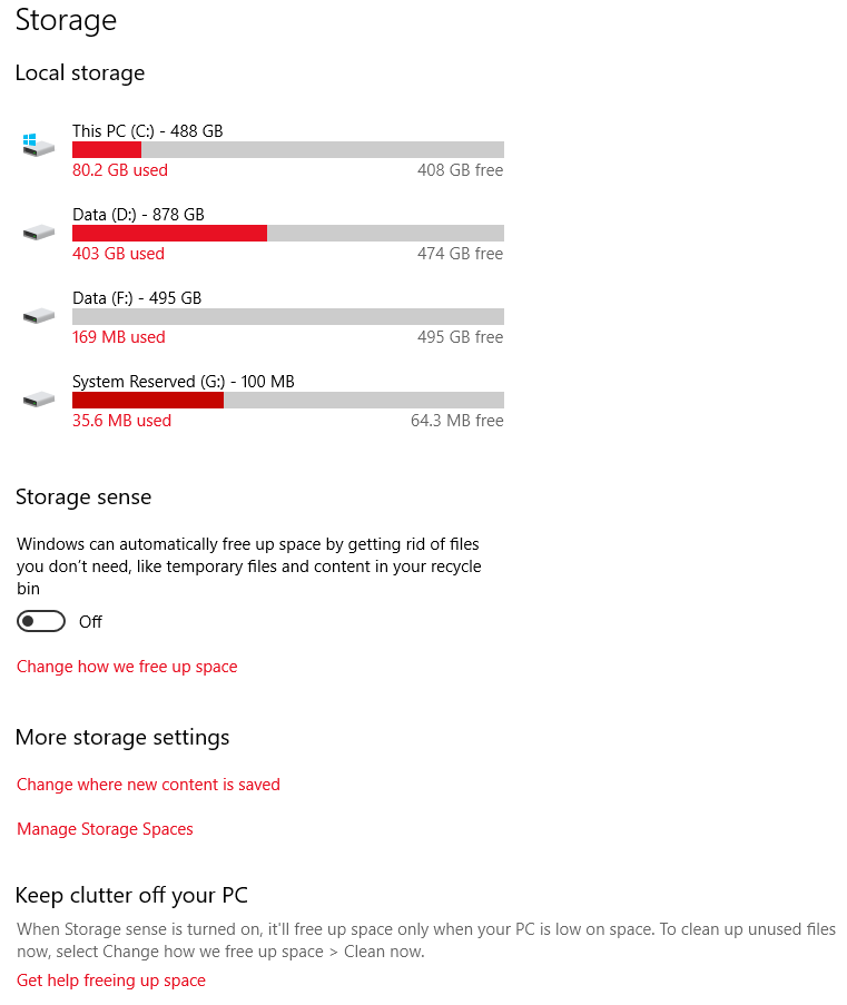 Windows 10 storage page
