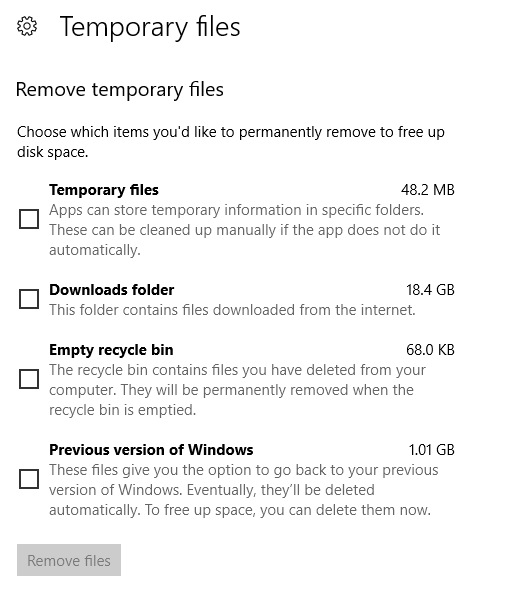 Windows 10 temporary files page
