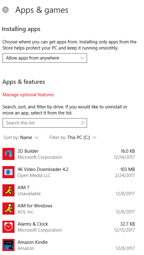 Windows 10 apps and games settings