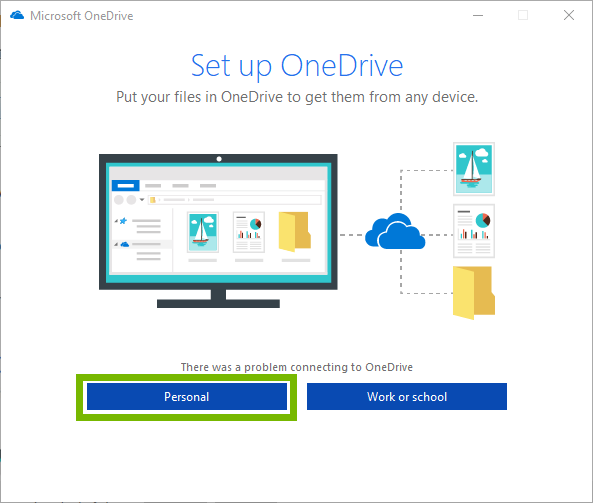 Microsoft onedrive setup page with Personal selected