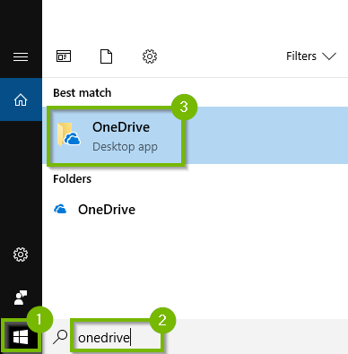 Start menu search highlighting the OneDrive app.