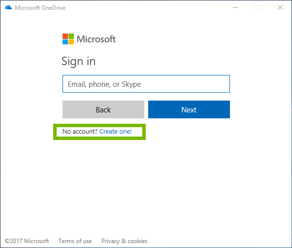 Microsoft one drive sign in page with create one selected