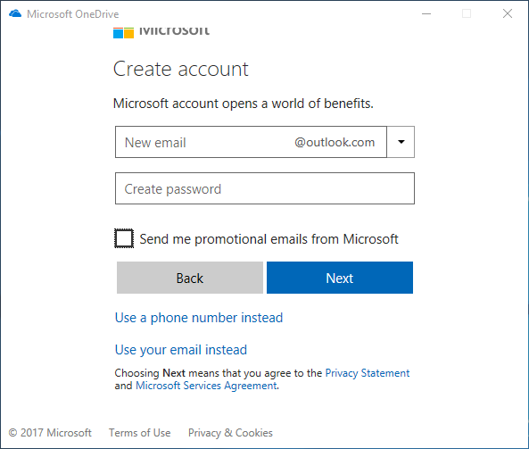 Microsoft OneDrive Create account form.
