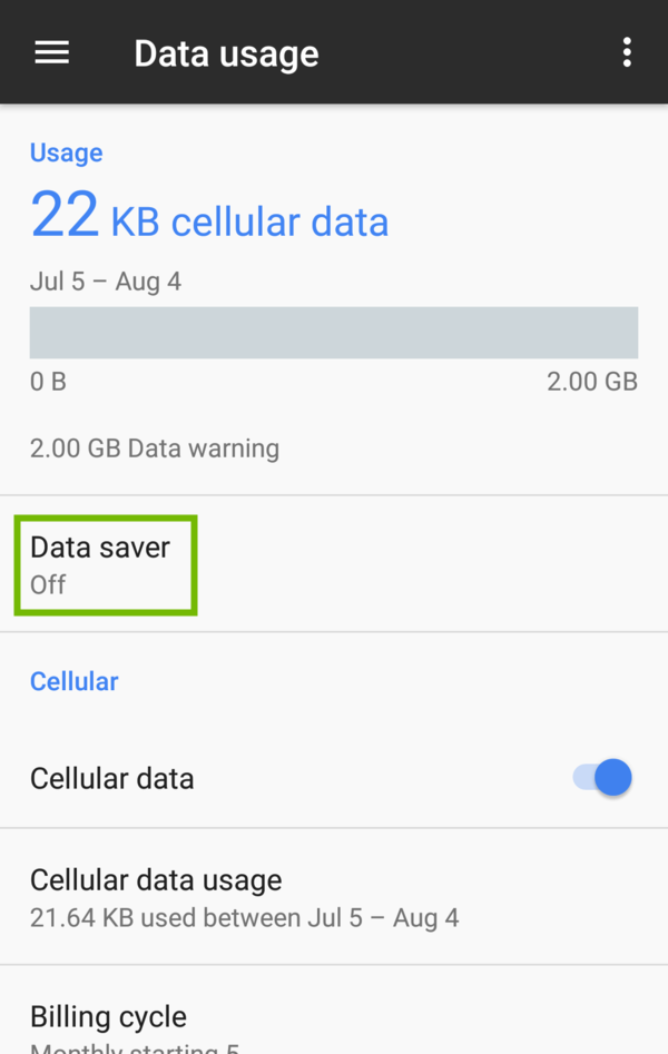 Data usage settings with Data saver highlighted.