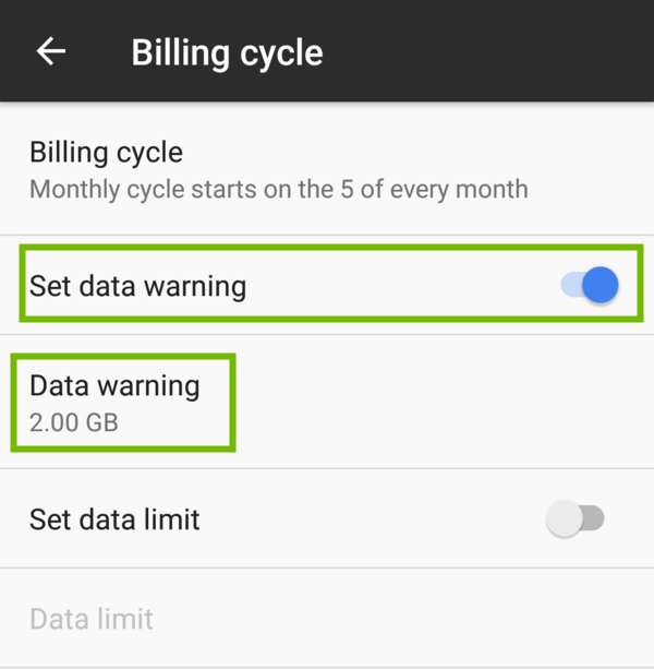 Billing cycle settings with Set data warning toggle and Data warning option highlighted.