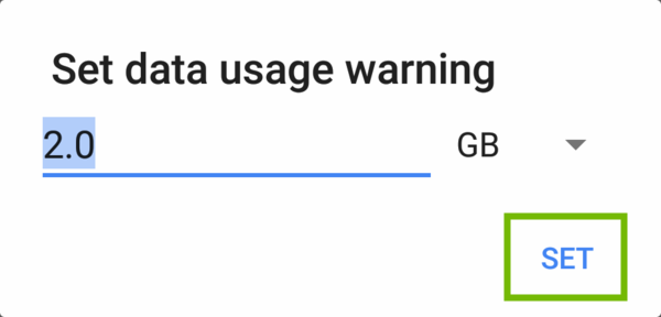 Set data usage warning dialog with Set highlighted.