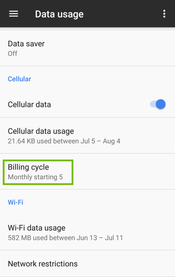 Data usage settings with Billing Cycle highlighted.