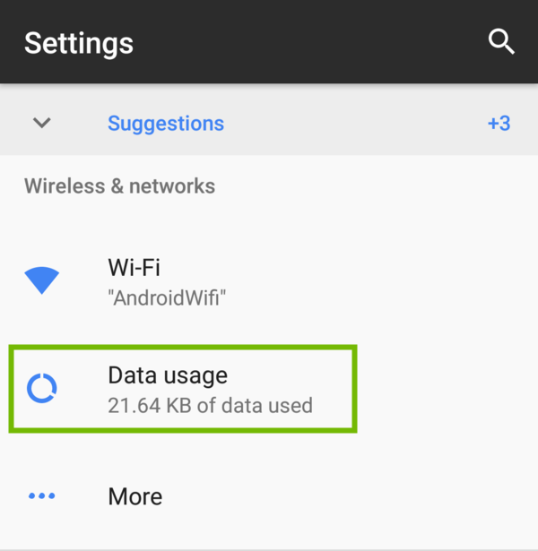 Android Settings with Data usage highlighted.