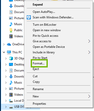 USB Disk Right-Click menu with Format highlighted.