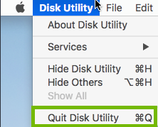 Disk Utility menu with Quit Disk Utility highlighted.