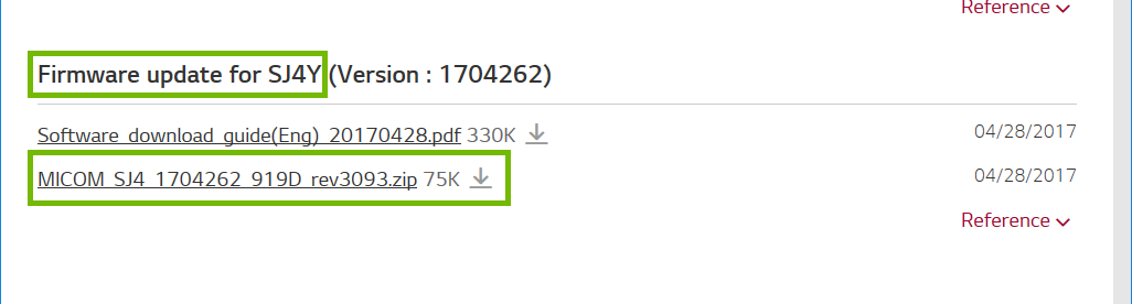 Website with speaker firmware header and zip file highlighted.