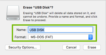 Erase dialog with Name and Format highlighted.