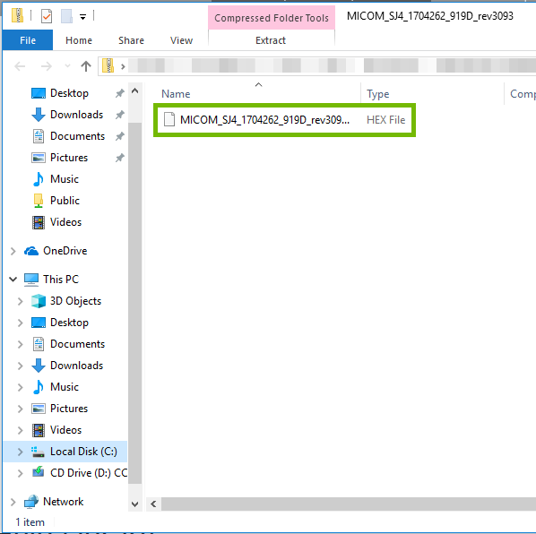 Windows Explorer with zip file open with HEX file highlighted.