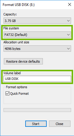 Format dialog with File system and Volume label highlighted.