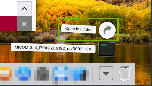 macOS downloads folder view pop-up from Dock with Open in Folder highlighted.