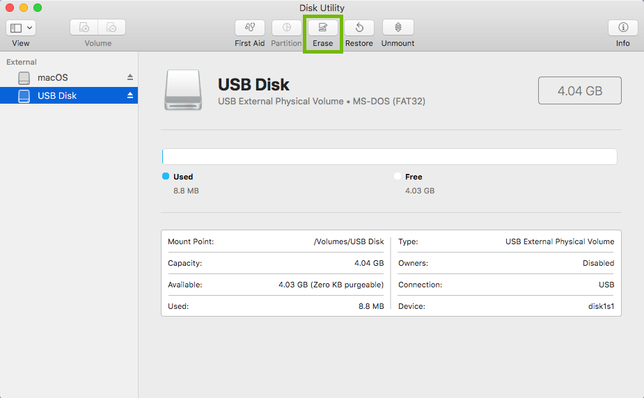 Disk Utility with Erase highlighted.