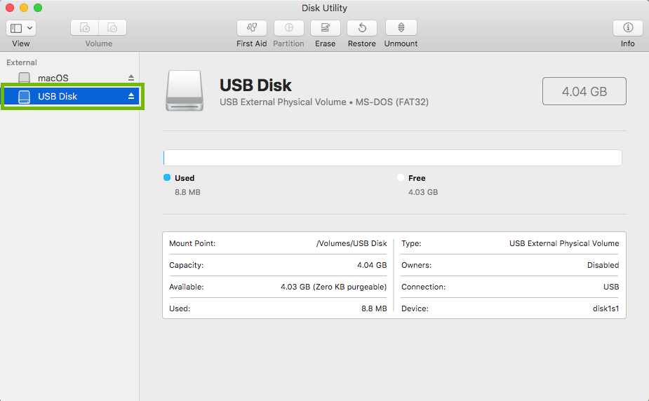 Disk Utility with USB Disk highlighted.