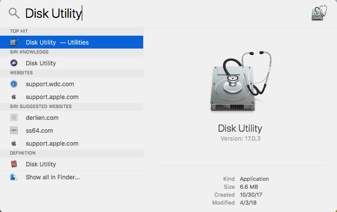 Disk Utility search in Spotlight.