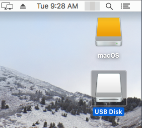 macOS desktop showing USB Disk connected.