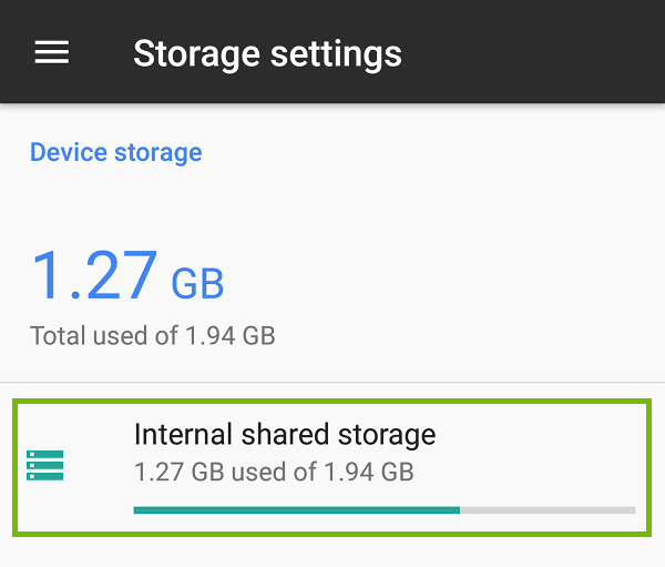 Storage settings with Internal shared storage highlighted.