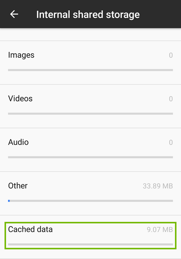 Storage settings with Cached data highlighted.