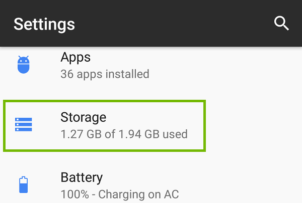 Settings with Storage highlighted.