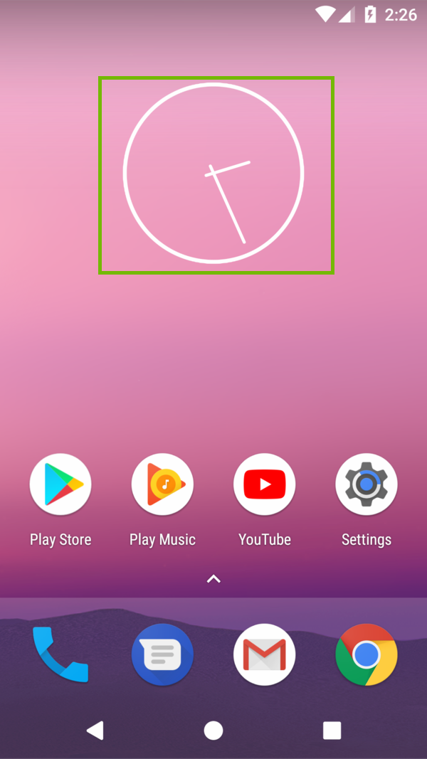 Android Clock Widget on Home Screen highlighted.