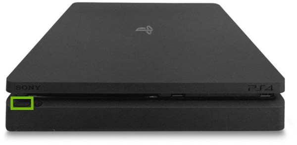 PlayStation 4 Slim with power button highlighted.
