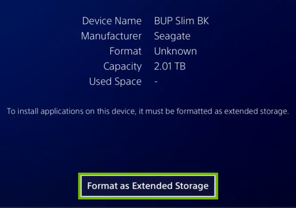 Drive menu with Format as Extended Storage highlighted.