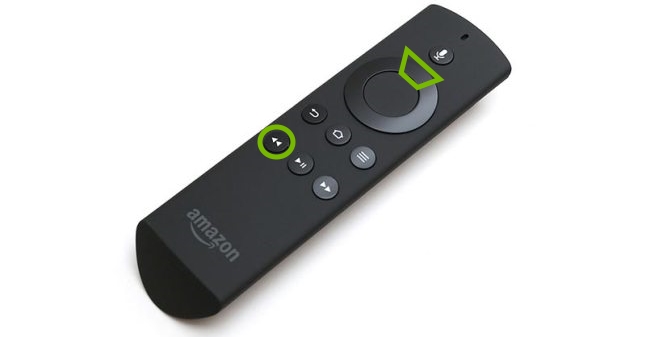 Rewind and Up buttons highlighted on Fire TV remote.