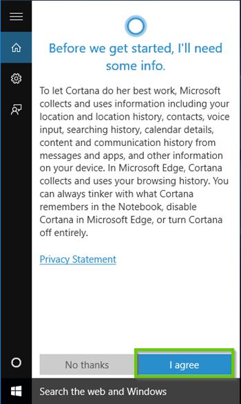 Windows 10 Cortana agreement