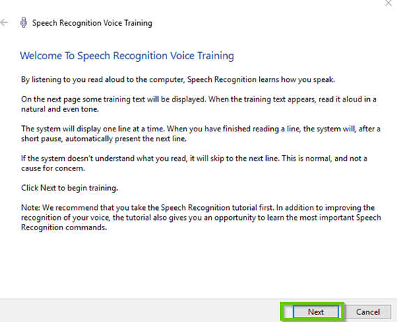 Windows 10 speech recognition wizard