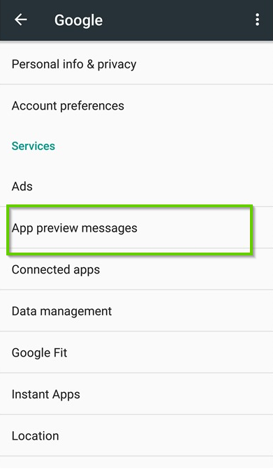 Android google settings with app preview highlighted