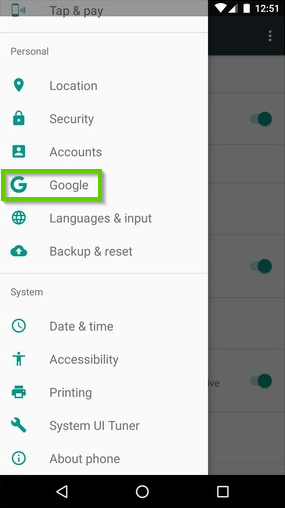 Android settings menu showing Google highlighted