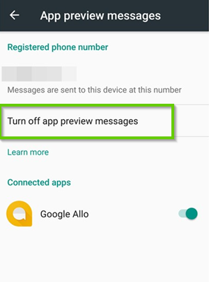 Android google settings showing app preview messages