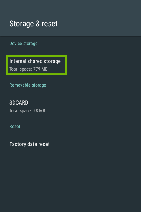 Storage and reset menu with Internal shared storage highlighted.